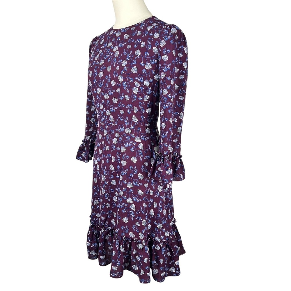 Eliza J Aubergine Jewel Neck Floral Print Ruffle Hem Long Sleeve Mini Dress Sz 0